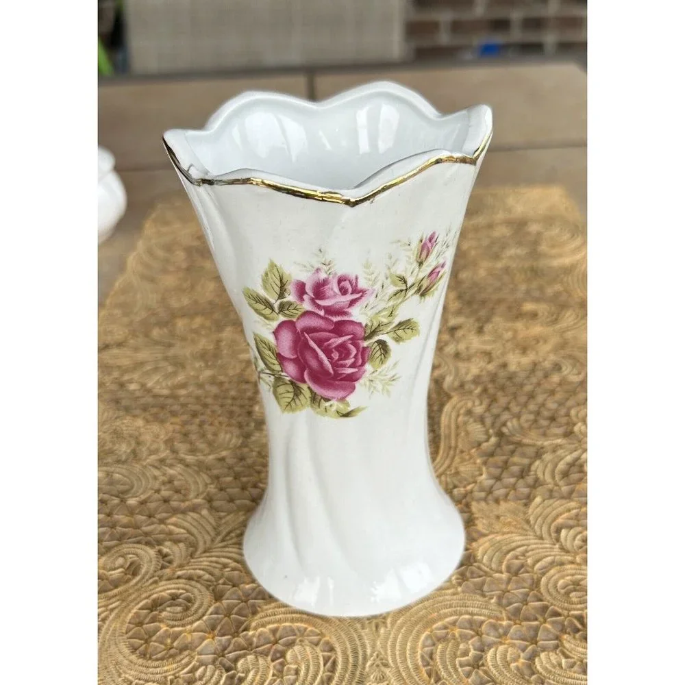 Vintage Gold‎ Trimmed Rose Flower Transfer Vase, Porcelain Decor